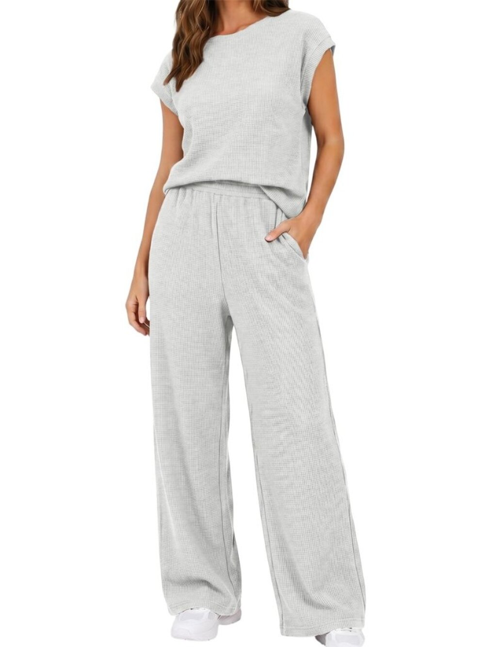 Women's Waffle Knit 2 Piece Lounge Set, Sleeveless Top & Wide Leg Pants with